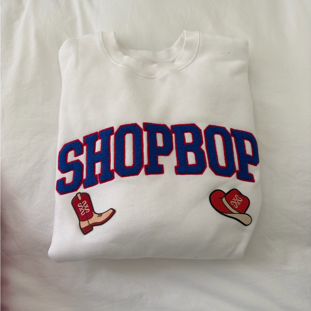 SHOPBOP White Logo Sweatshirt with Red & Blue Appliqué